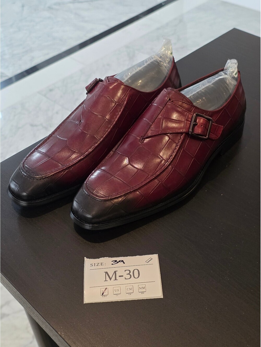 Men's Burgundy Croc-Embossed Loafers with Buckle Detail